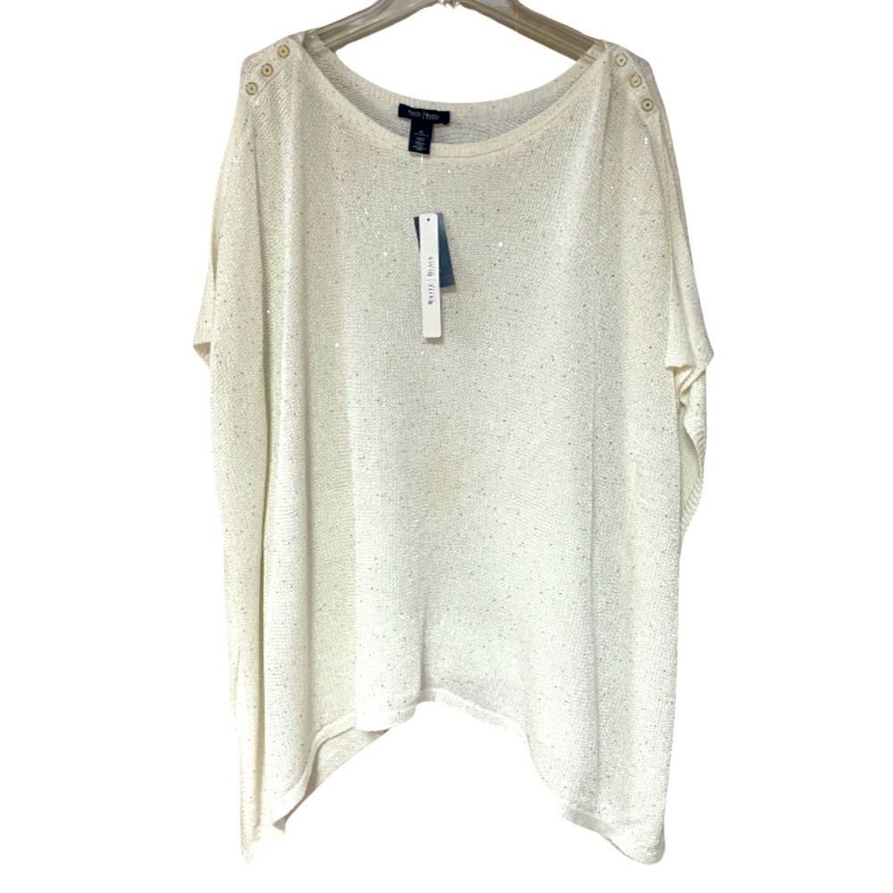 NWT White House Black Market White Cotton Sequin Button Shoulder Poncho Sz XL